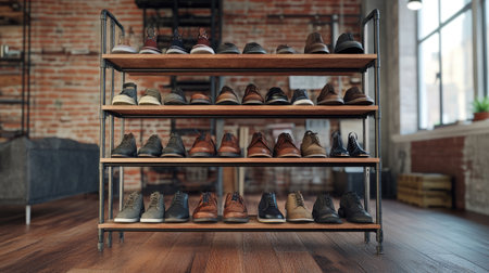 An industrial-style shoe rack made of metal and wood, holding an eclectic assortment of shoes, set in a trendy loft space with exposed brick walls.の素材