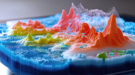 A D graph with data points connected by lines and dots in vivid colors, displayed on a transparent screen, giving a futuristic data analysis vibe.の素材