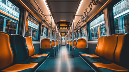 An interior view of an electric train, featuring comfortable seating and large windows, illustrating a modern travel experience.の素材