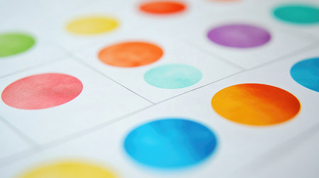 A close-up of a bubble chart with variously sized circles in bright colors, arranged on a clean white background, symbolizing data categories and volume.の素材