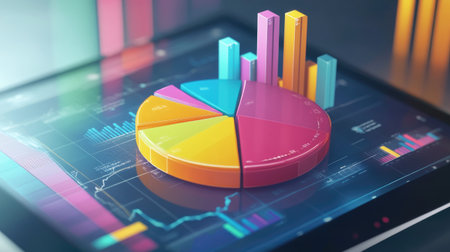 A D pie chart with colorful sections rising from a tablet screen, symbolizing financial statistics and market shares, surrounded by business-related graphics.の素材
