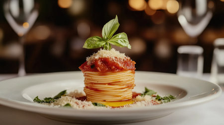 A beautifully plated spaghetti dish topped with rich marinara sauce, fresh basil, and grated Parmesan, garnished with a drizzle of olive oil, ready to be served.の素材