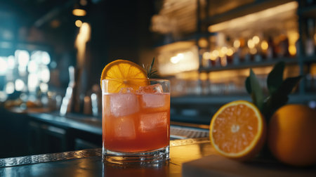 A bar setting featuring cocktails with orange juice, garnished with fresh orange slices, showcasing the versatility of this refreshing beverage.の素材
