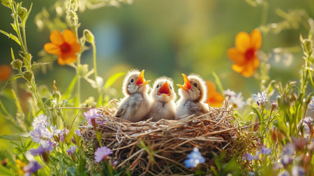 A captivating shot of baby birds chirping energetically in their nest, surrounded by colorful wildflowers, illustrating the vibrancy of life in nature.の素材