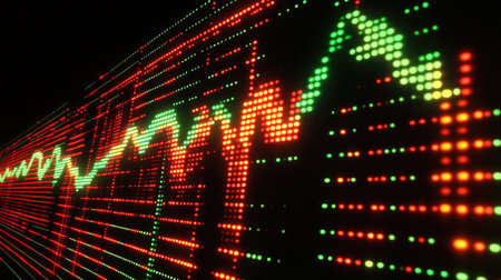 A close-up of financial data charts on a trading software screen, with green and red indicators showing market activity, symbolizing financial investment trends.の素材