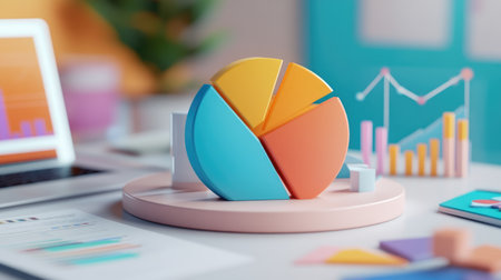 A close-up of a D pie chart on a desk, surrounded by business reports and a laptop, highlighting the importance of data analysis in decision-making.の素材