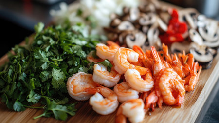 A close-up of the vibrant ingredients used in tom yum goong, including shrimp, mushrooms, and herbs, beautifully arranged on a wooden board.の素材