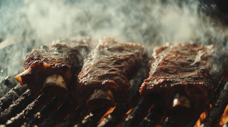 A close-up of succulent beef ribs sizzling on a barbecue grill, with smoke rising and charred edges, capturing the essence of a summer cookout.の素材