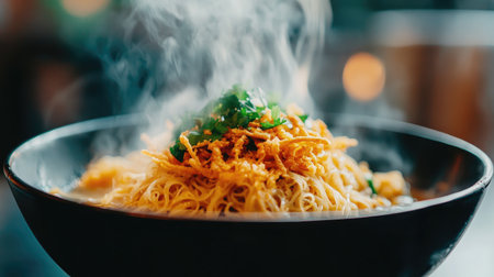 A close-up shot of a steaming bowl of khao soi, topped with crispy noodles and fresh cilantro, capturing the rich colors and textures of this northern Thai specialty.の素材