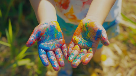 A close-up of a child's hands covered in colorful paint, with a big smile as they create art outdoors, surrounded by nature and the joy of creativity.の素材