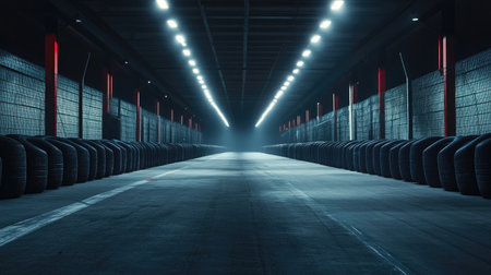 A wide-angle shot of an empty racetrack lined with tire barriers, illuminated by bright overhead lights, creating a dramatic nighttime atmosphere ready for racingの素材