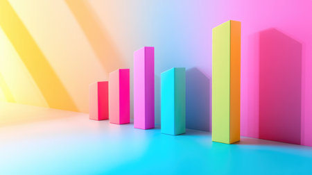 Minimalistic D bar graphs in pastel colors, arranged on a clean white surface with shadows, highlighting contrast and depthの素材