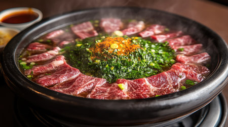 A close-up of a steaming bowl of shabu-shabu broth garnished with herbs and spices, with a side of dipping sauces, highlighting the rich flavors and inviting aromas of the dish.の素材