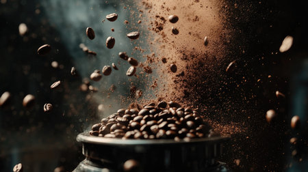 A creative shot of coffee beans spilling out of a coffee grinder, with ground coffee in the background, emphasizing the process of making fresh coffee.の素材