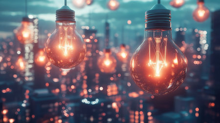 A futuristic cityscape with floating light bulbs representing innovative ideas and concepts, showcasing the potential of creativity in shaping the futureの素材