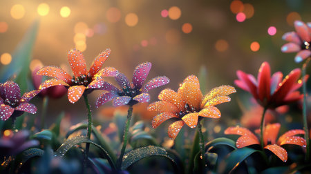 A serene garden scene featuring a cluster of colorful flowers adorned with dew drops, capturing the beauty of nature in the early morning light, with a gentle bokeh effect in the background.の素材