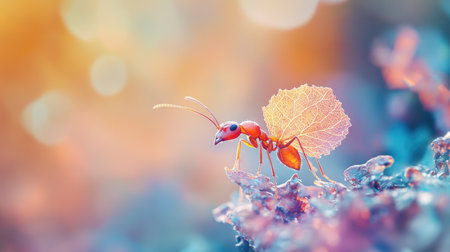 A vibrant macro photograph of a leafcutter ant carrying a leaf fragment on its back, highlighting the intricate details of its body against a soft-focus background.の素材