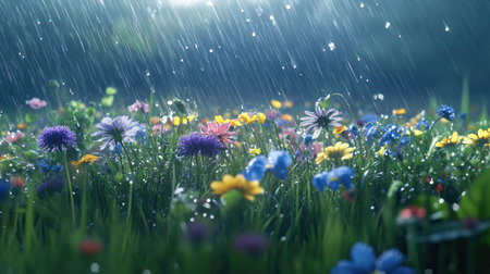 A wide shot of a field of wildflowers after a rain shower, with sparkling droplets on the petals and blades of grass, creating a dreamy and refreshing atmosphere.の素材