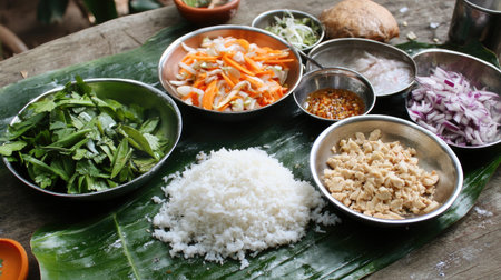 A traditional Thai feast displayed on a banana leaf, featuring an array of dishes such as larb, green papaya salad, and sticky rice, inviting viewers to indulge in the flavors of Thailand.の素材