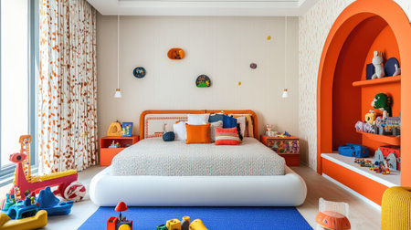 A stylish children's bedroom decorated with bright colors, playful patterns, and a variety of toys, showcasing a fun and imaginative space for kids to play and sleep.の素材