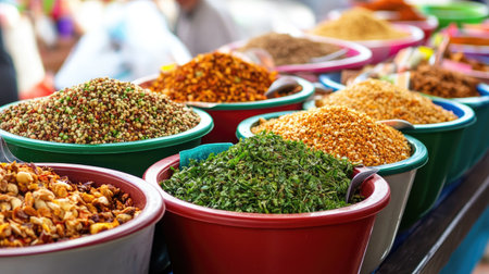 A vibrant market scene where vendors sell fresh Thai herbs and spices, capturing the colorful ingredients that contribute to the rich flavors of Thai cuisine.の素材