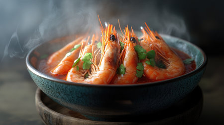 A tantalizing image of a bowl of  with steam rising, showcasing the vibrant red broth and succulent shrimp, emphasizing the dish's irresistible aroma and flavors.の素材