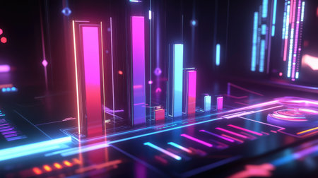 A stylized D bar chart with glowing segments, each bar representing a different aspect of market analysis, set against a futuristic financial dashboard.の素材