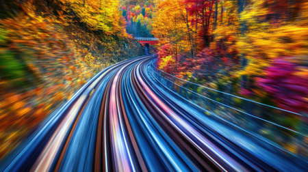 A train speeding along a picturesque route, with the railway tracks curving through a vibrant autumn landscape filled with colorful foliage, creating a stunning visual contrast.の素材