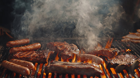 A dynamic shot of a sizzling barbecue grill with various meats, such as sausages, steaks, and ribs, cooking over an open flame, with smoke rising.の素材