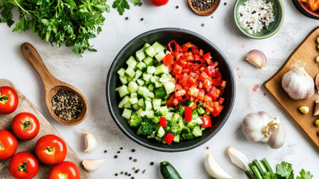 An overhead view of a bowl of diced  mixed with other fresh vegetables, ready to be incorporated into a delicious meal, set on a bright kitchen surface.の素材
