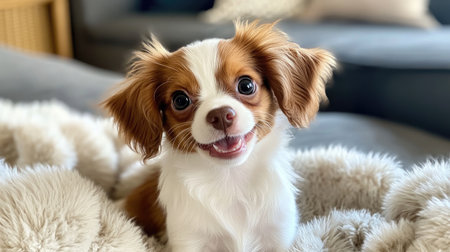 A close-up of an adorable puppy with big, expressive eyes and a playful expression, sitting on a fluffy blanket in a cozy living room setting.の素材