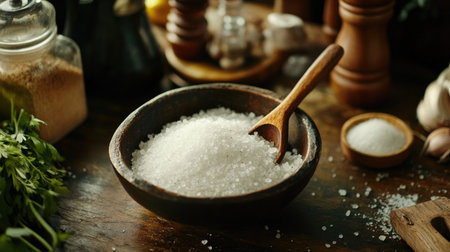 A close-up of a bowl of coarse cooking salt with a wooden spoon, placed on a rustic kitchen counter next to other cooking ingredients.の素材