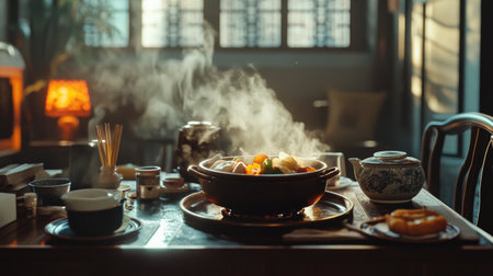 A dynamic shot of a steaming hot pot with a variety of ingredients simmering, set in a cozy dining room with traditional Asian tableware and ambient lighting.の素材