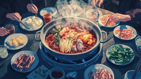 A hot pot meal being enjoyed at a family gathering, with steam rising from the pot, and plates of fresh ingredients and dipping sauces laid out on the table.の素材