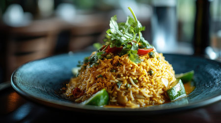 A vibrant plate of curry fried rice garnished with fresh herbs and vegetables, with a focus on the golden color and rich texture of the dish.の素材