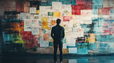 A person standing in front of a wall with a mind map, using markers to connect different concepts, emphasizing strategic thinking and idea organization.の素材