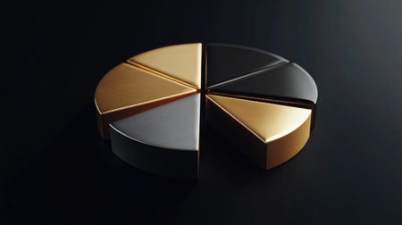 A D pie chart in gold and silver tones, representing different financial assets and investments, rotating slowly on a sleek, dark background.の素材