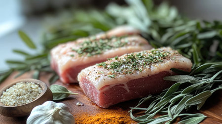 A close-up of raw pork belly slices marinated and ready for grilling, surrounded by fresh herbs, garlic, and spices on a wooden cutting board.の素材