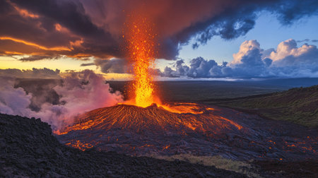 A breathtaking view of a volcano erupting, with fiery lava spewing into the sky against a backdrop of dark clouds, showcasing nature's raw power.の素材