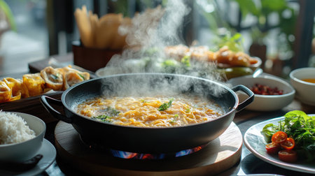 A high-quality image of a breakfast scene featuring  being served at a table, with steam rising from the pan and a variety of traditional Thai accompaniments.の素材
