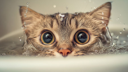A high-quality photo of a cat's face peeking out from a tub full of warm water, with water droplets on its whiskers and a look of curiosity or surprise.の素材