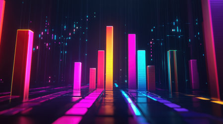 A D bar chart rising upward, symbolizing financial growth, with glowing bars in various colors representing different business metrics on a dark, futuristic background.の素材