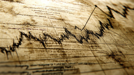 A close-up of a financial line graph displaying a significant upward trend, with marked data points and annotations highlighting key market movements.の素材