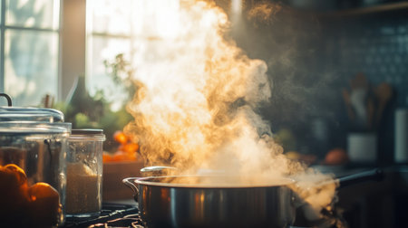A close-up of smoke escaping from a bubbling cauldron in a kitchen, creating a sense of culinary magic and warmth, with ingredients in the background.の素材