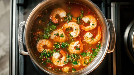 A dramatic overhead view of a bubbling pot of tom yum goong on a stove, with fresh shrimp and herbs floating in the spicy broth, capturing the cooking process.の素材