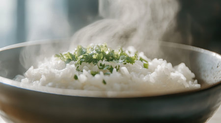 A close-up of a bowl of freshly steamed rice, with steam rising and a sprinkle of chopped cilantro, capturing the inviting aroma and texture.の素材