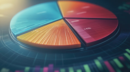 A detailed pie chart illustrating stock market shares, with each segment labeled and colored differently, displayed on a polished digital screen.の素材