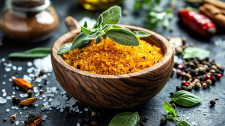 A close-up shot of a wooden bowl filled with coarse sea salt, surrounded by fresh herbs and spices, highlighting the essential role of salt in cooking.の素材
