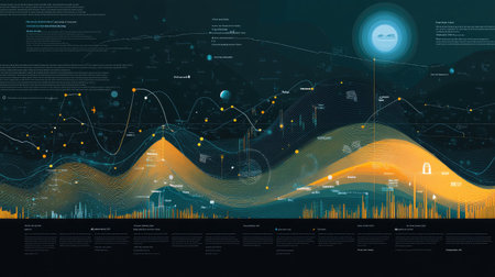 A digital stock graph with annotations, arrows, and trend lines, illustrating market insights and forecasts, set against a dark, tech-inspired background.の素材