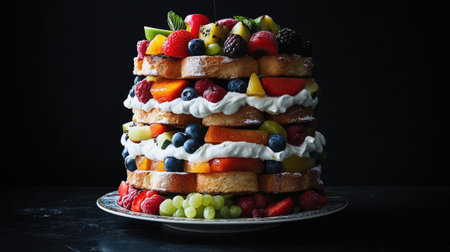 A delectable honey toast tower stacked high with layers of toast, fresh fruits, and whipped cream, beautifully arranged on a decorative serving dish.の素材